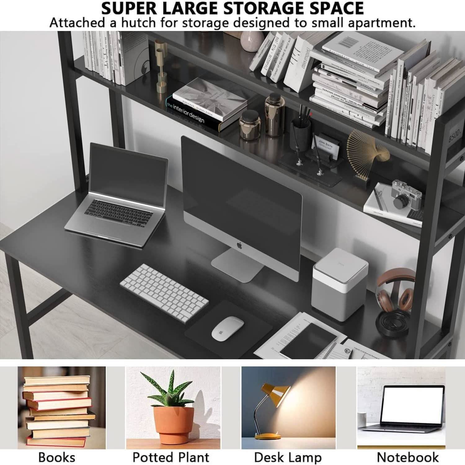 Black Computer Desk With Hutch And Bookshelf Extra Large Desktop-3