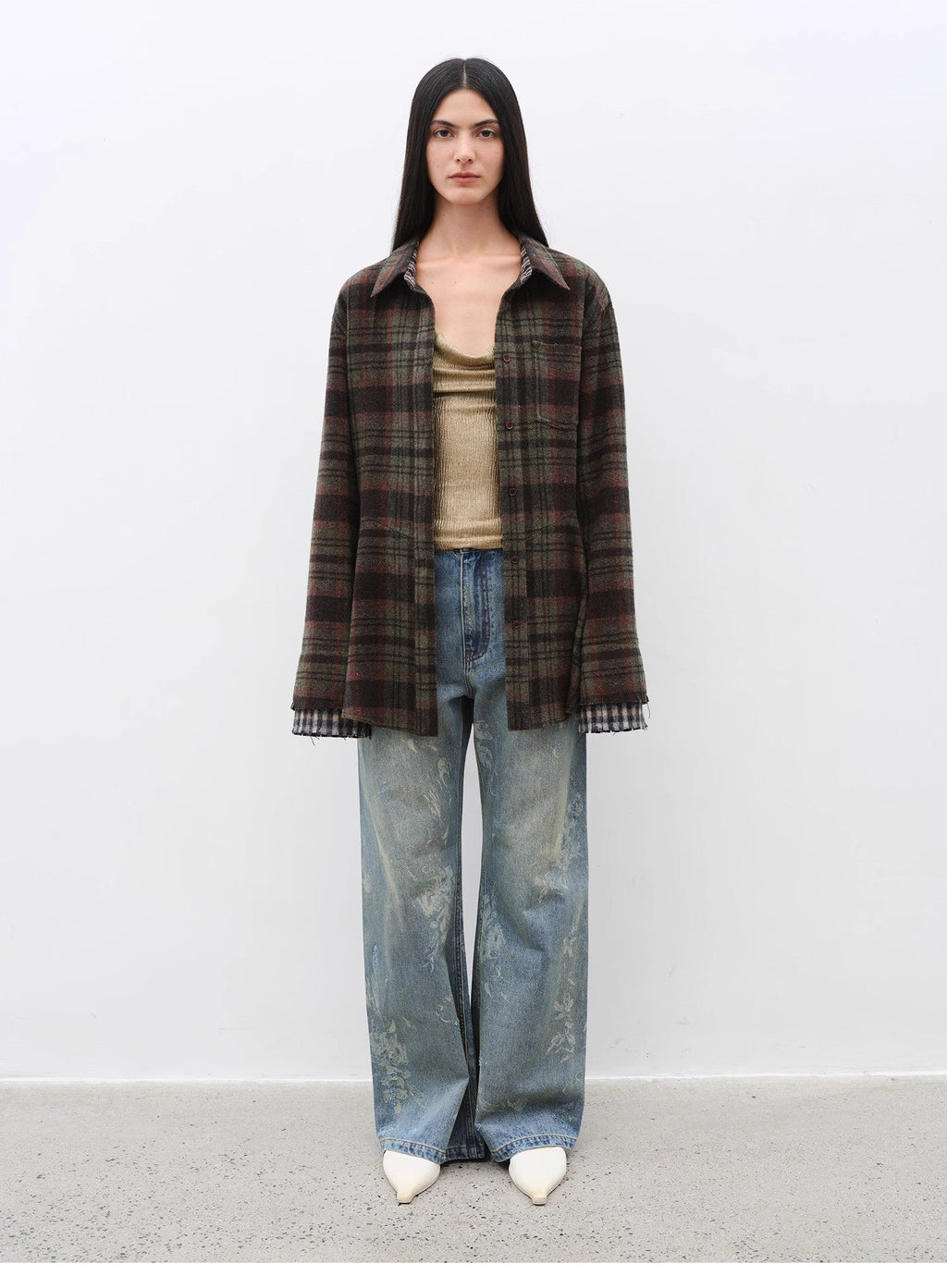 "Denim Shadow"retro washed printed layered casual slimming cotton bootcut jeans-0