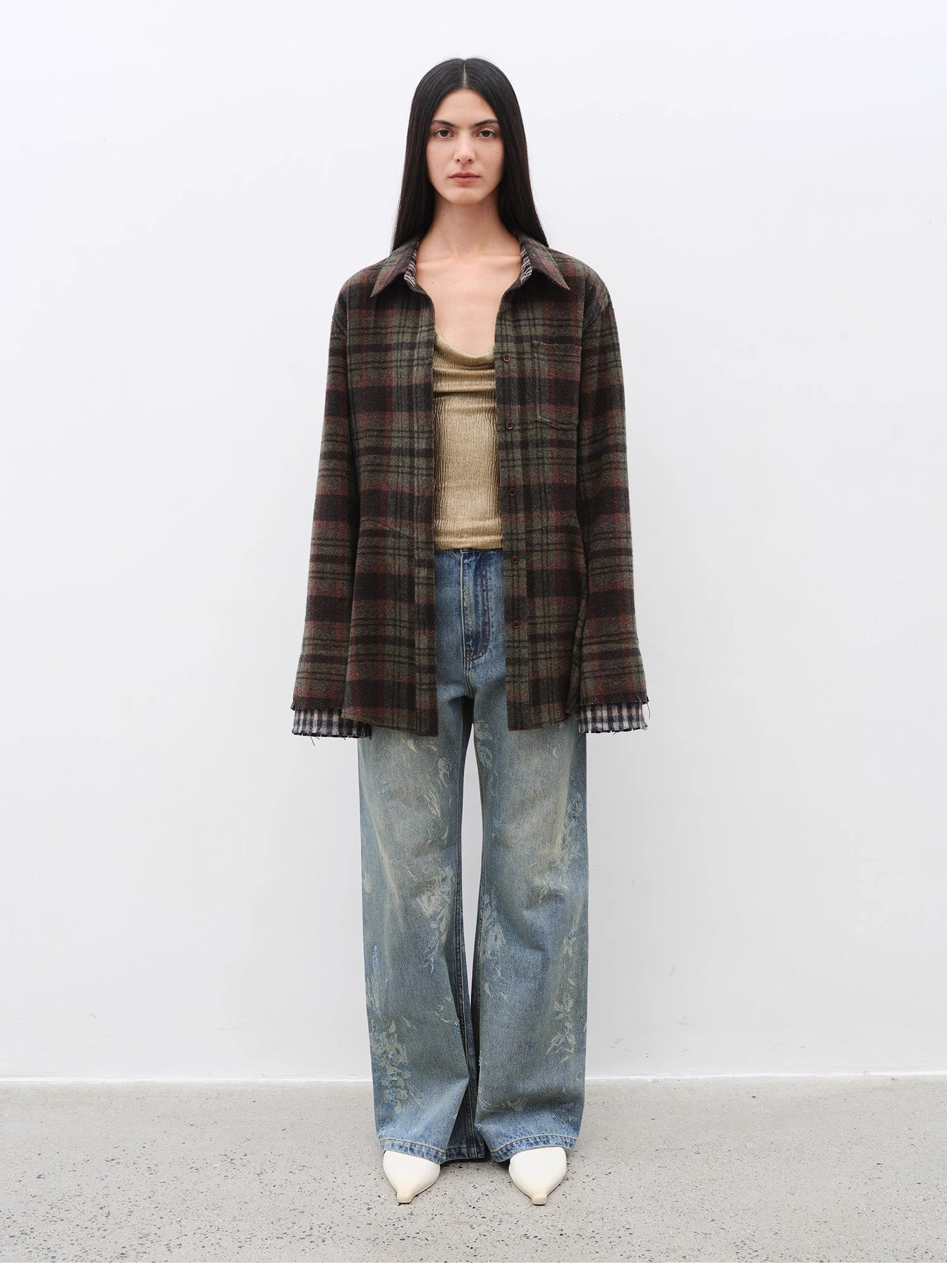 "Denim Shadow"retro washed printed layered casual slimming cotton bootcut jeans-0
