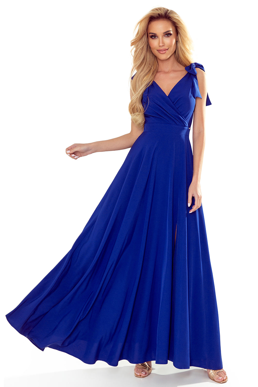 Numoco 405-2 ELENA Long dress with a neckline and ties on the shoulders - blue-7