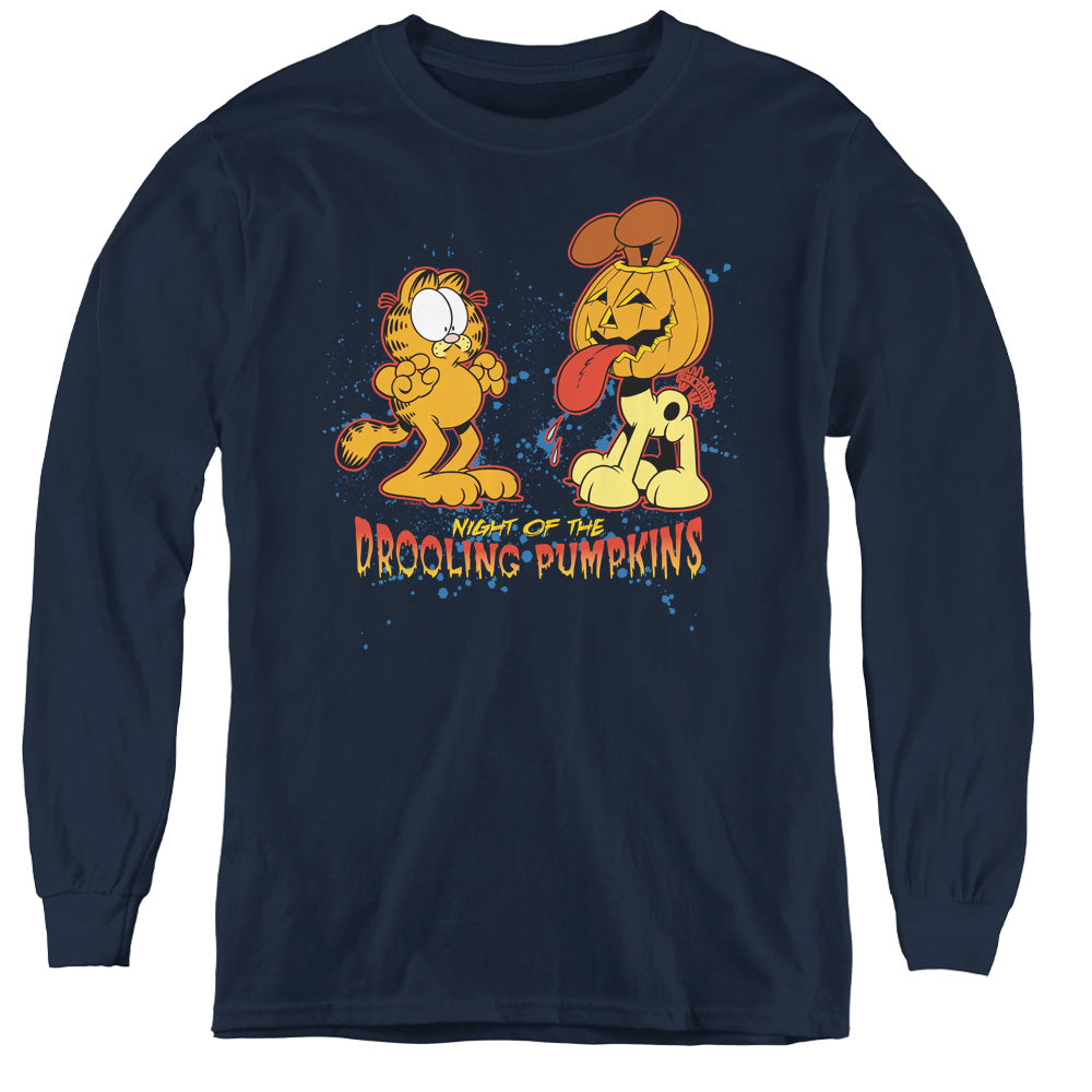 Garfield Drooling Pumpkins Long Sleeve Kids Youth T Shirt Navy