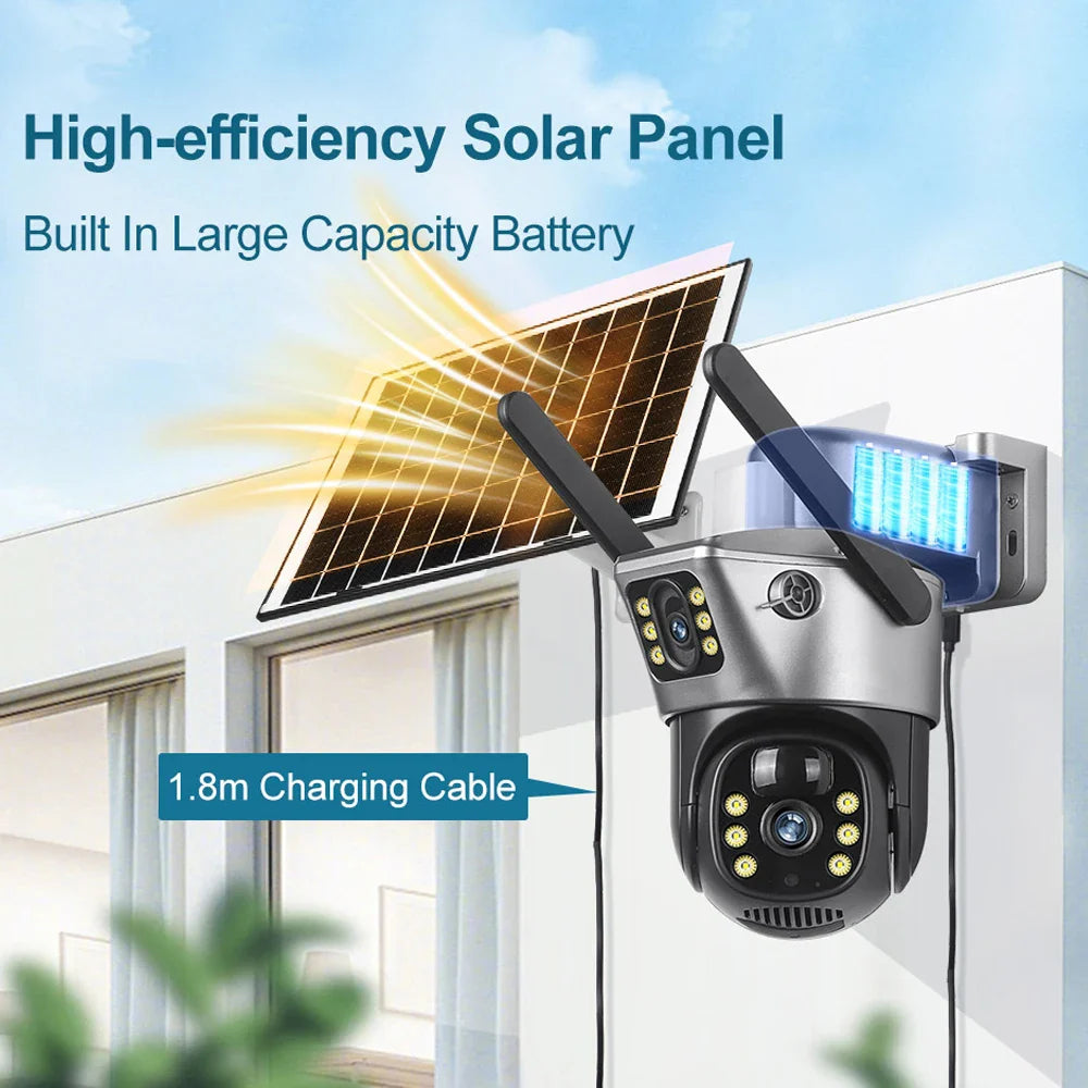 4G WiFi Solar Security Camera Dual Lens 8MP 4K PIR Night Vision Outdoor CCTV