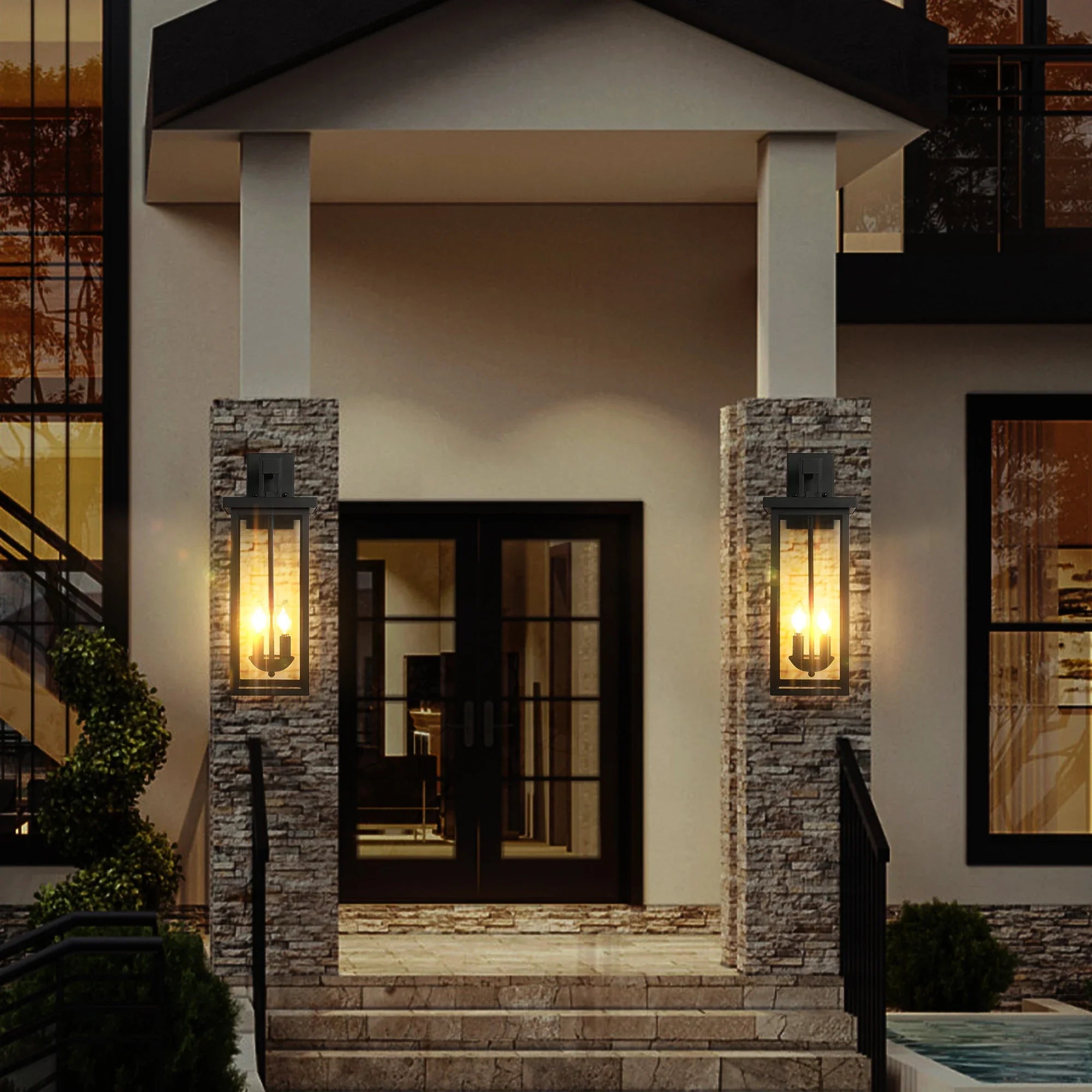 22" Outdoor Wall Lantern Dusk to Dawn Sensor Matte Black Weatherproof Exterior Light