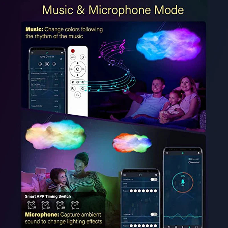 3D Cloud LED Lamp Multicolor Bedroom Light Music Sync Thunder Clouds Smart USB