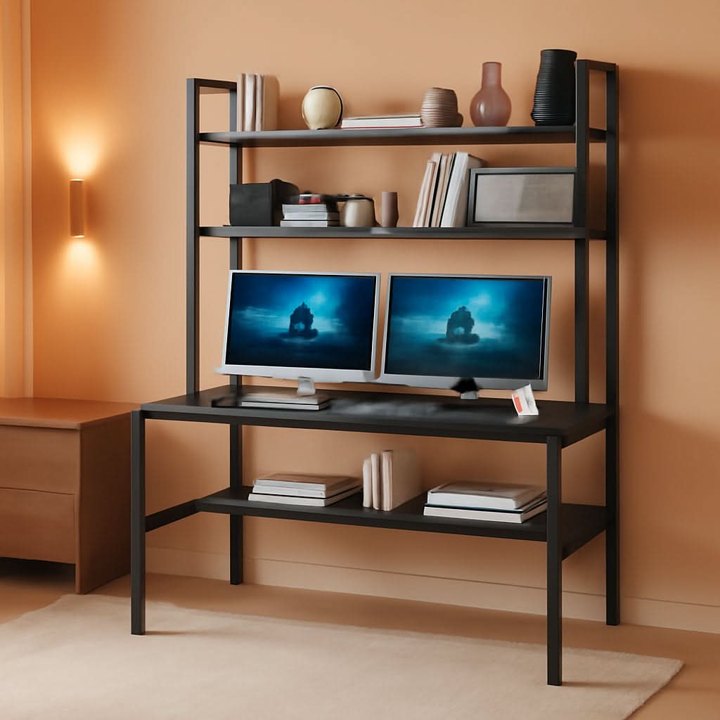 Black Computer Desk With Hutch And Bookshelf Extra Large Desktop-0