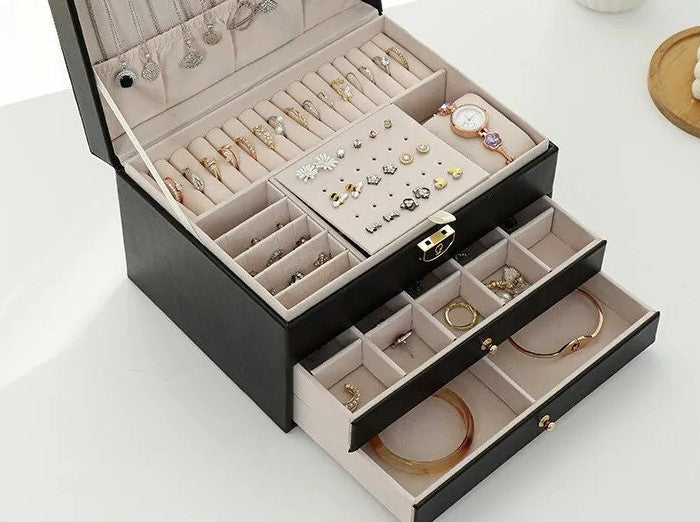 3 Layer Leather Jewelry Box Organizer Case with Compartments 23x17cm