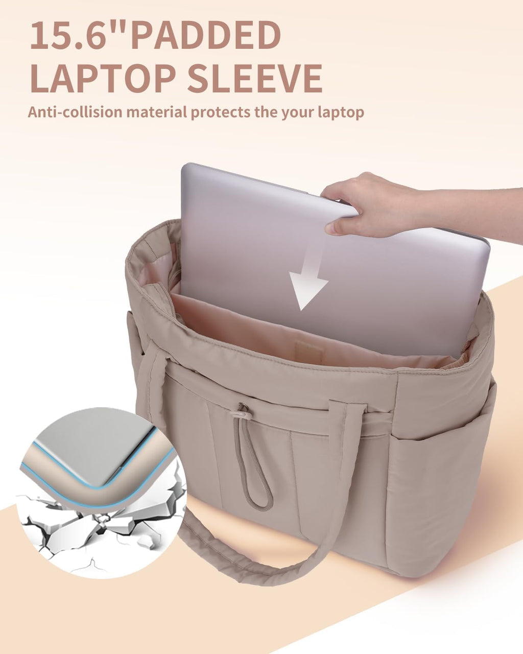 Quilted Puffer Tote Bag with Laptop Sleeve & Cup Holder 20L Travel Work